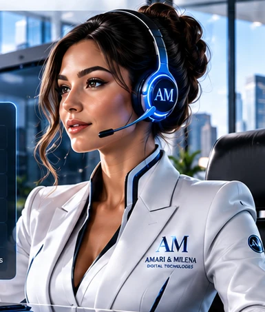 Concept image of a professional AI receptionist wearing a white suit and blue headset